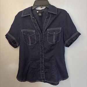 CAROLE LITTLE Linen Button Shirt Navy White Stitching Women's Size M Nautical